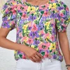Fashion Dear-Lover Floral Print Puff Short Sleeve Crew Neck Blouse Purple