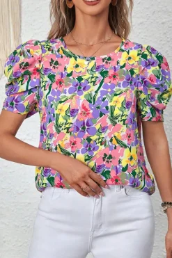 Fashion Dear-Lover Floral Print Puff Short Sleeve Crew Neck Blouse Purple
