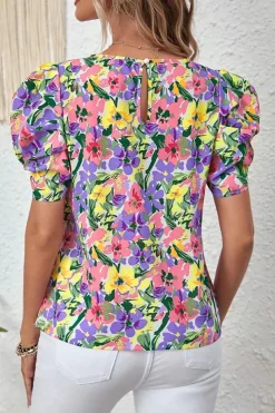 Fashion Dear-Lover Floral Print Puff Short Sleeve Crew Neck Blouse Purple