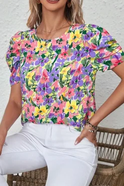 Fashion Dear-Lover Floral Print Puff Short Sleeve Crew Neck Blouse Purple