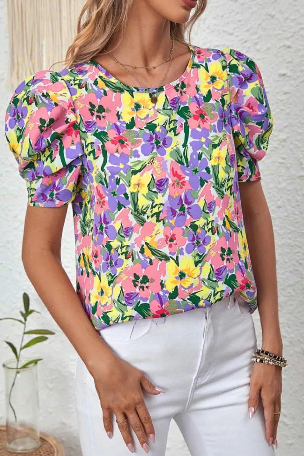 Fashion Dear-Lover Floral Print Puff Short Sleeve Crew Neck Blouse Purple
