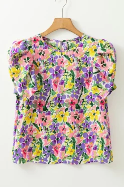 Fashion Dear-Lover Floral Print Puff Short Sleeve Crew Neck Blouse Purple