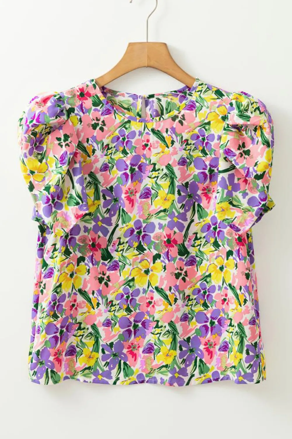 Fashion Dear-Lover Floral Print Puff Short Sleeve Crew Neck Blouse Purple