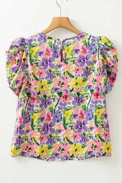 Fashion Dear-Lover Floral Print Puff Short Sleeve Crew Neck Blouse Purple