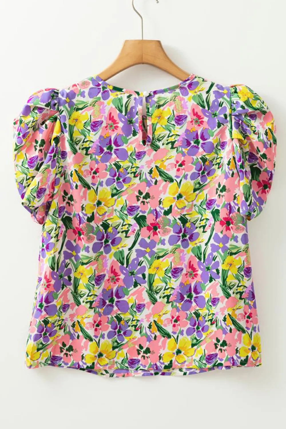 Fashion Dear-Lover Floral Print Puff Short Sleeve Crew Neck Blouse Purple