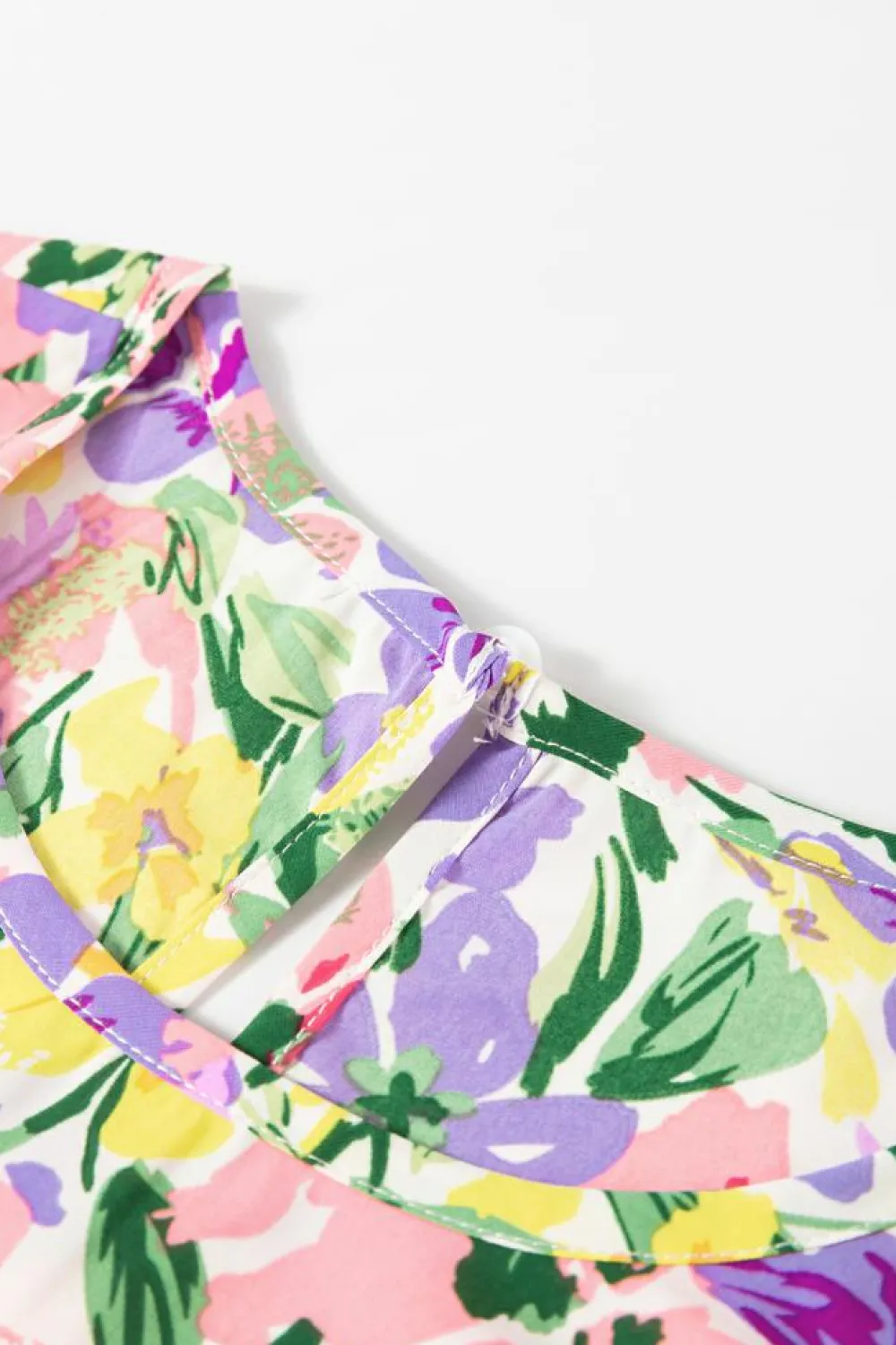 Fashion Dear-Lover Floral Print Puff Short Sleeve Crew Neck Blouse Purple