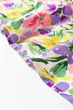 Fashion Dear-Lover Floral Print Puff Short Sleeve Crew Neck Blouse Purple