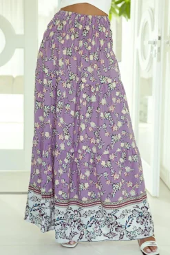 Sale Dear-Lover Floral Print Shirred High Waist Maxi Skirt Purple