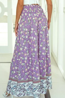 Sale Dear-Lover Floral Print Shirred High Waist Maxi Skirt Purple