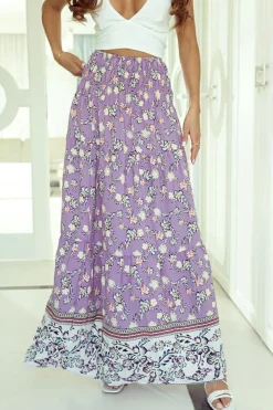 Sale Dear-Lover Floral Print Shirred High Waist Maxi Skirt Purple