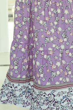 Sale Dear-Lover Floral Print Shirred High Waist Maxi Skirt Purple