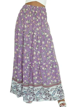 Sale Dear-Lover Floral Print Shirred High Waist Maxi Skirt Purple