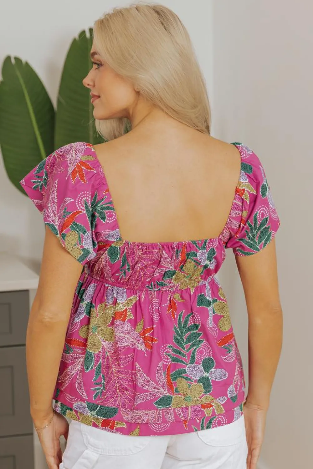 New Dear-Lover Floral Print Sweetheart Neck Flutter Sleeve Blouse Purple