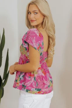 New Dear-Lover Floral Print Sweetheart Neck Flutter Sleeve Blouse Purple