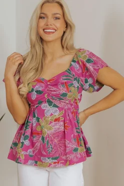 New Dear-Lover Floral Print Sweetheart Neck Flutter Sleeve Blouse Purple