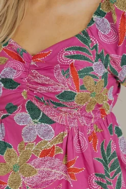 New Dear-Lover Floral Print Sweetheart Neck Flutter Sleeve Blouse Purple