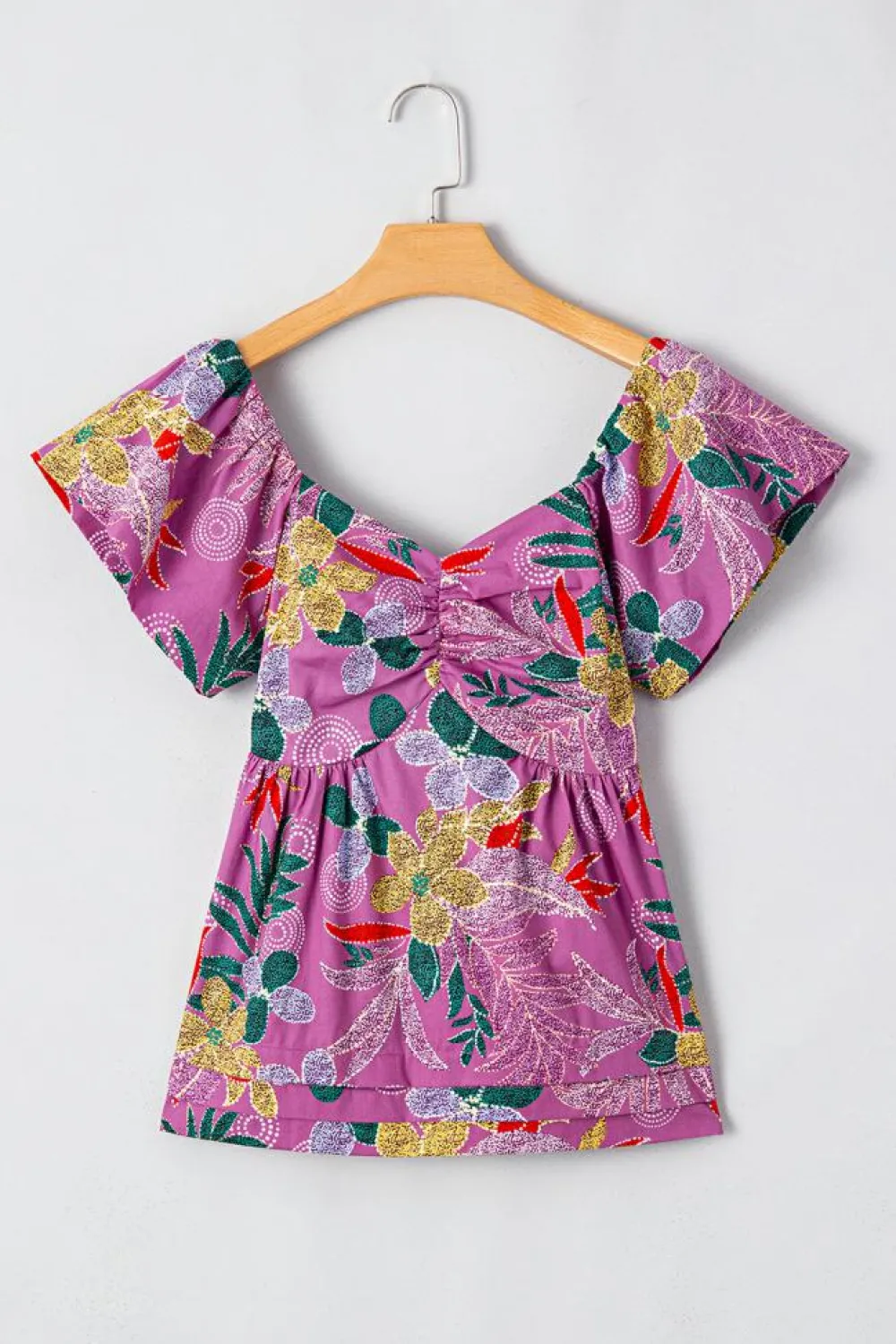 New Dear-Lover Floral Print Sweetheart Neck Flutter Sleeve Blouse Purple