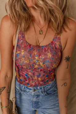 New Dear-Lover Floral Printed Mesh U Neck Sleeveless Bodysuit Purple