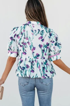 New Dear-Lover Floral Ricrac Trim Half Sleeve Peplum Top Purple