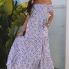 Fashion Dear-Lover Floral Short Bubble Sleeve Shirred High Waist Maxi Dress Purple