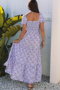 Fashion Dear-Lover Floral Short Bubble Sleeve Shirred High Waist Maxi Dress Purple