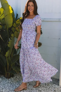 Fashion Dear-Lover Floral Short Bubble Sleeve Shirred High Waist Maxi Dress Purple
