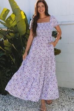 Fashion Dear-Lover Floral Short Bubble Sleeve Shirred High Waist Maxi Dress Purple