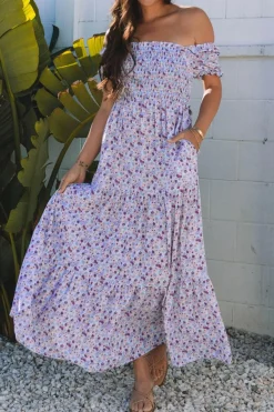 Fashion Dear-Lover Floral Short Bubble Sleeve Shirred High Waist Maxi Dress Purple