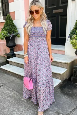 Fashion Dear-Lover Floral Short Bubble Sleeve Shirred High Waist Maxi Dress Purple