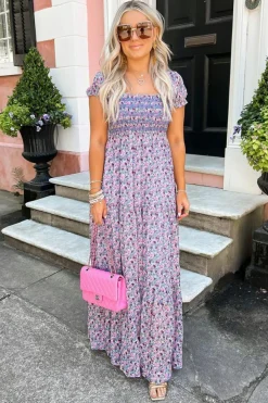 Fashion Dear-Lover Floral Short Bubble Sleeve Shirred High Waist Maxi Dress Purple