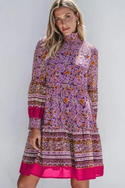 Discount Dear-Lover Floral Smocked Puff Sleeve High Neck Mini Dress Purple