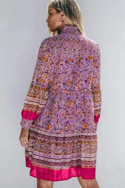 Discount Dear-Lover Floral Smocked Puff Sleeve High Neck Mini Dress Purple