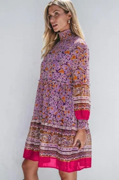 Discount Dear-Lover Floral Smocked Puff Sleeve High Neck Mini Dress Purple
