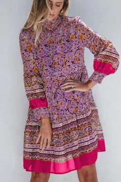Discount Dear-Lover Floral Smocked Puff Sleeve High Neck Mini Dress Purple