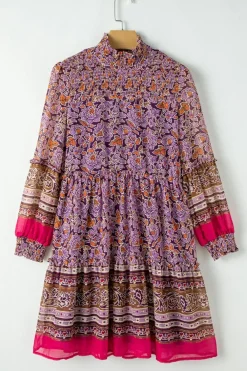Discount Dear-Lover Floral Smocked Puff Sleeve High Neck Mini Dress Purple