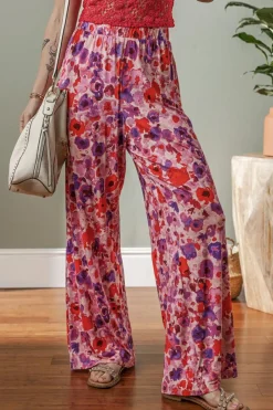 Sale Dear-Lover Floral Wide Leg Elastic High Waist Pants Purple