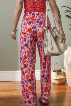 Sale Dear-Lover Floral Wide Leg Elastic High Waist Pants Purple