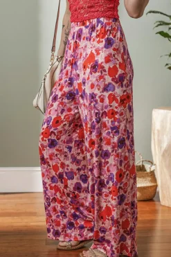 Sale Dear-Lover Floral Wide Leg Elastic High Waist Pants Purple