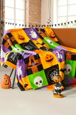 Discount Dear-Lover Halloween Patten Checkerboard Flannel Large Blanket Purple