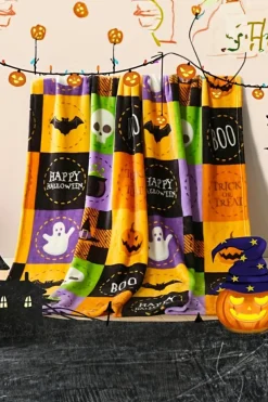 Discount Dear-Lover Halloween Patten Checkerboard Flannel Large Blanket Purple