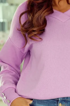 Outlet Dear-Lover Knitted V Neck Buttoned Cuffs Blouse Purple