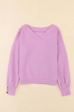 Outlet Dear-Lover Knitted V Neck Buttoned Cuffs Blouse Purple
