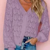 New Dear-Lover Lightweight Buttoned Front Crochet Cardigan Purple