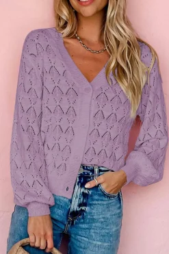 New Dear-Lover Lightweight Buttoned Front Crochet Cardigan Purple