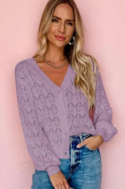 New Dear-Lover Lightweight Buttoned Front Crochet Cardigan Purple