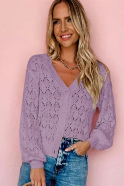 New Dear-Lover Lightweight Buttoned Front Crochet Cardigan Purple