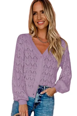 New Dear-Lover Lightweight Buttoned Front Crochet Cardigan Purple