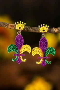 Clearance Dear-Lover Mardi Gras Beaded Earrings Purple