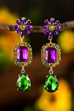 Best Dear-Lover Mardi Gras Diamond Flower Geometric Dangle Earrings Purple