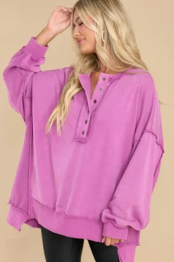 Online Dear-Lover Oversized Exposed Seam Henley Sweatshirt Purple